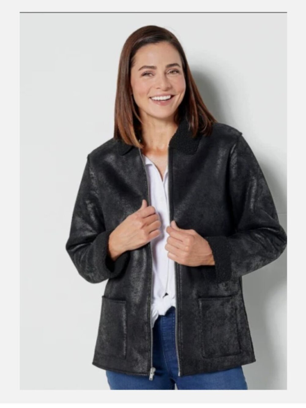 Denim & Co. Faux Suede Bonded Sherpa Zip-Front Jacket-Black-Medium-NEW-A459190